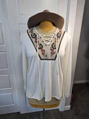 DOUBLE D RANCH BEIGE TUNIC TOP SHIRT EMBROIDERY MESH BIB TIE FRONT WOMEN LARGE
